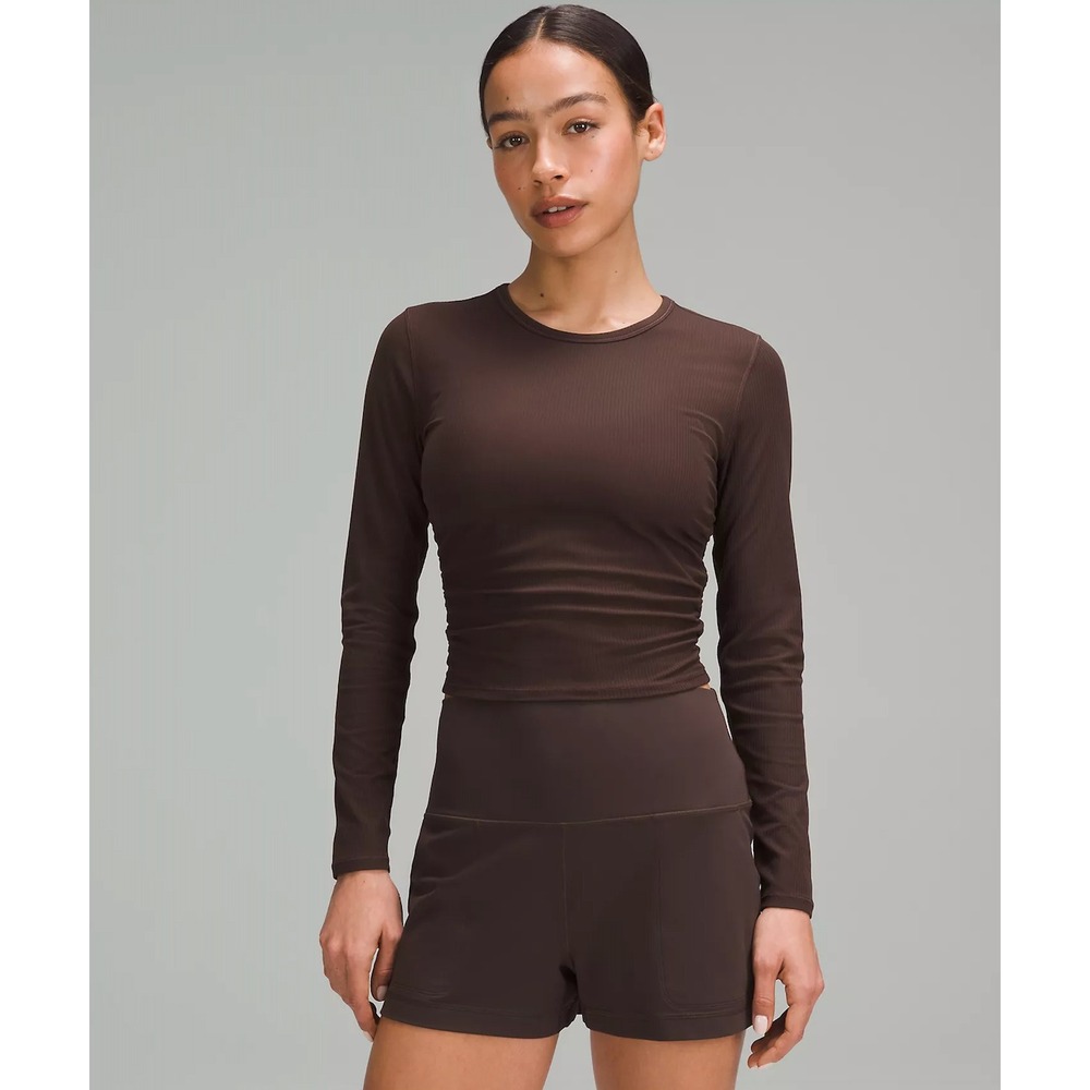 Lululemon All It Takes Long Sleeve Size 4 Brown Gathered Ruched Side Crop Tee